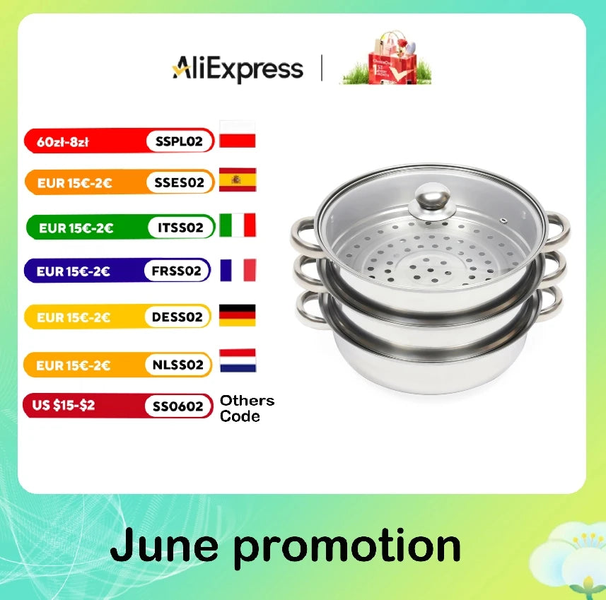 3-Tier 28CM Stainless Steel Steamer Food Cooking + Glass Lid Cookware Steam Pot Set Silver Hot Pot Steamer Veg Cooker S430074c2a80c439eb4fc1e5b940ab93aE Amrit Store