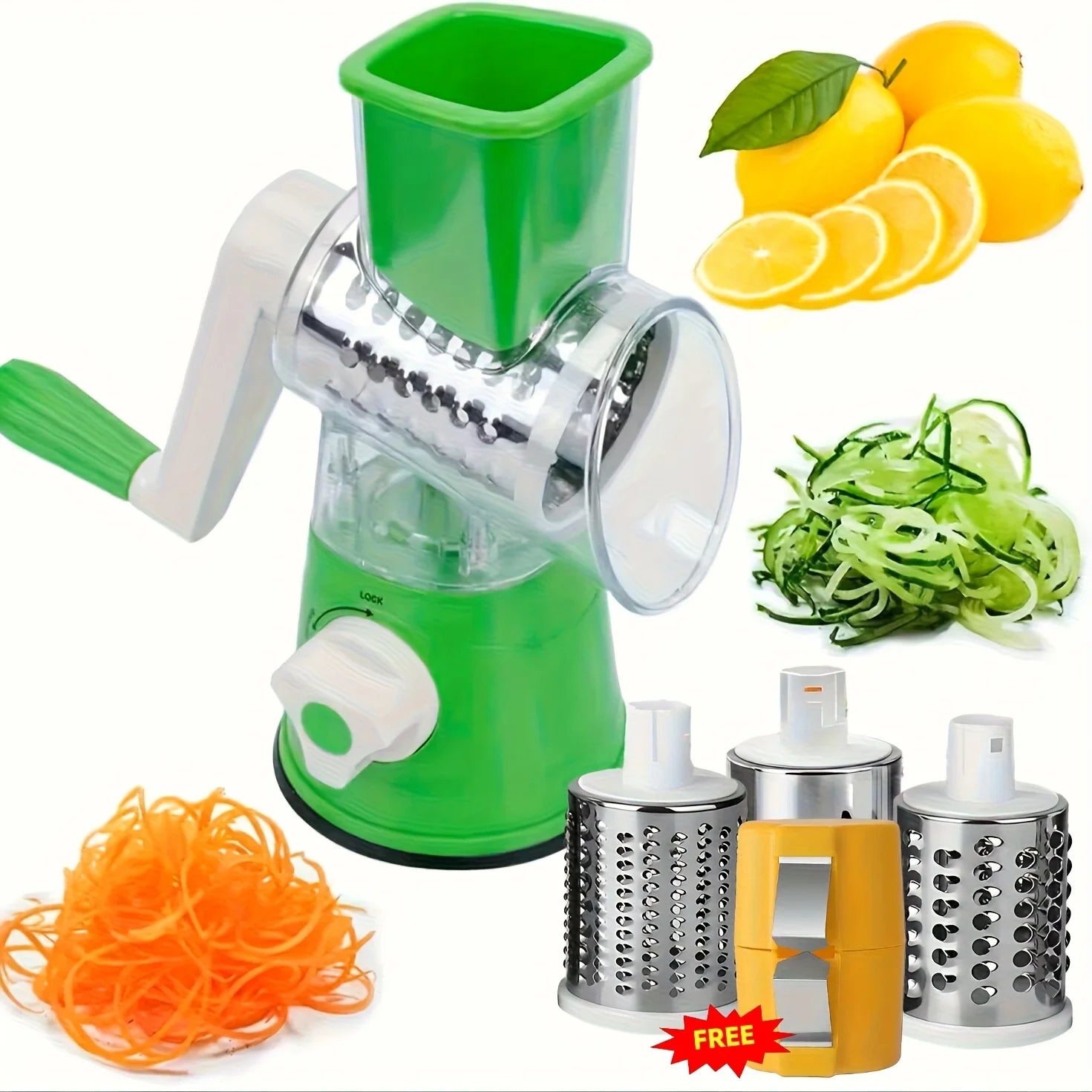Manual Rotary Vegetable Cheese Grater & Slicer - 3 Interchangeable Drums with Suction Cup Base for Kitchen Food Prep Beige S5476be739d0b414fa11ab8f7b3361e4cH Amrit Store