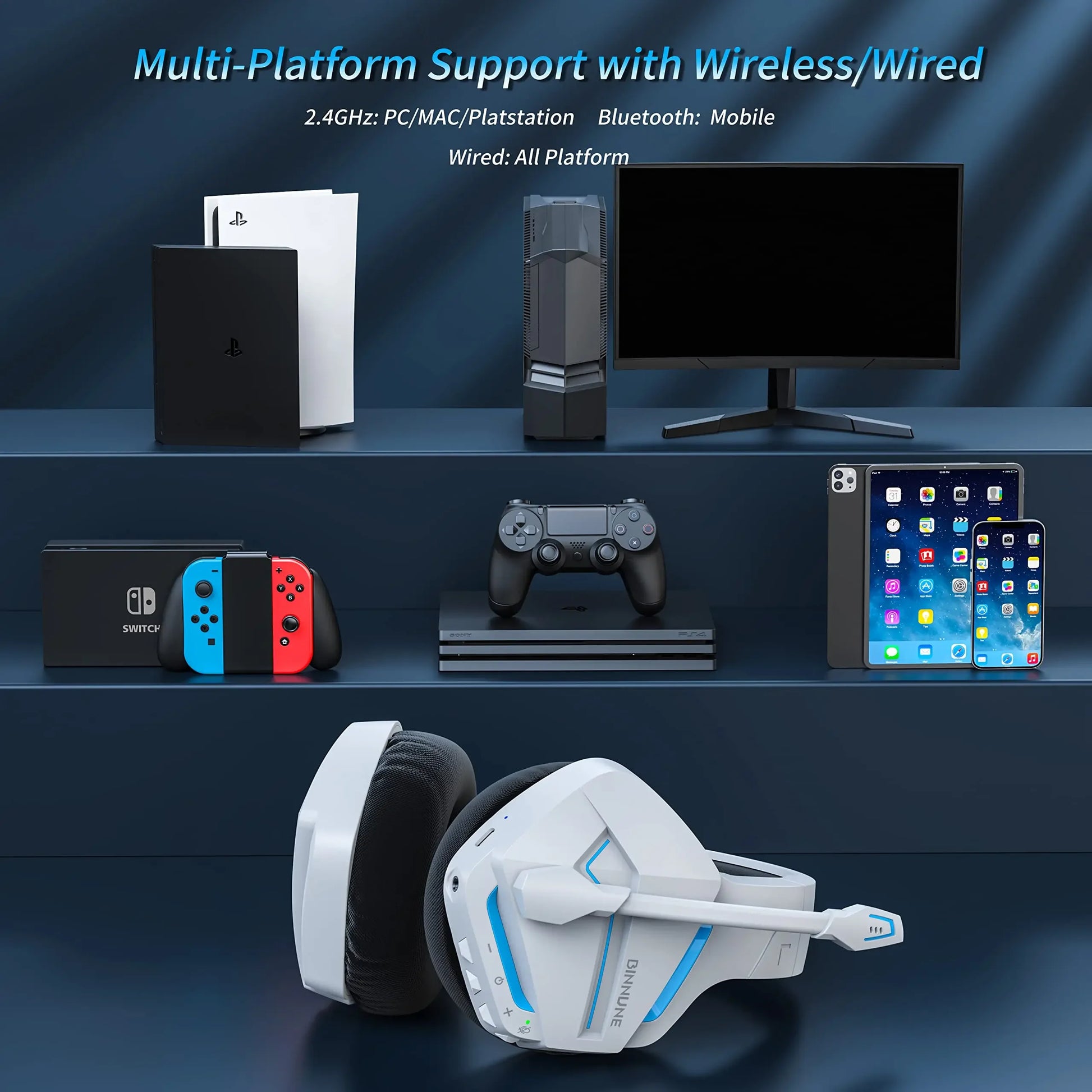 BINNUNE BW01 Wireless Gaming Headset with Mic for PC PS4 PS5 2.4G Bluetooth USB Gamer Headphones with Mic for Laptop Computer S6e5d25c48b4e47f4a7a75507337c6ef0L Amrit Store