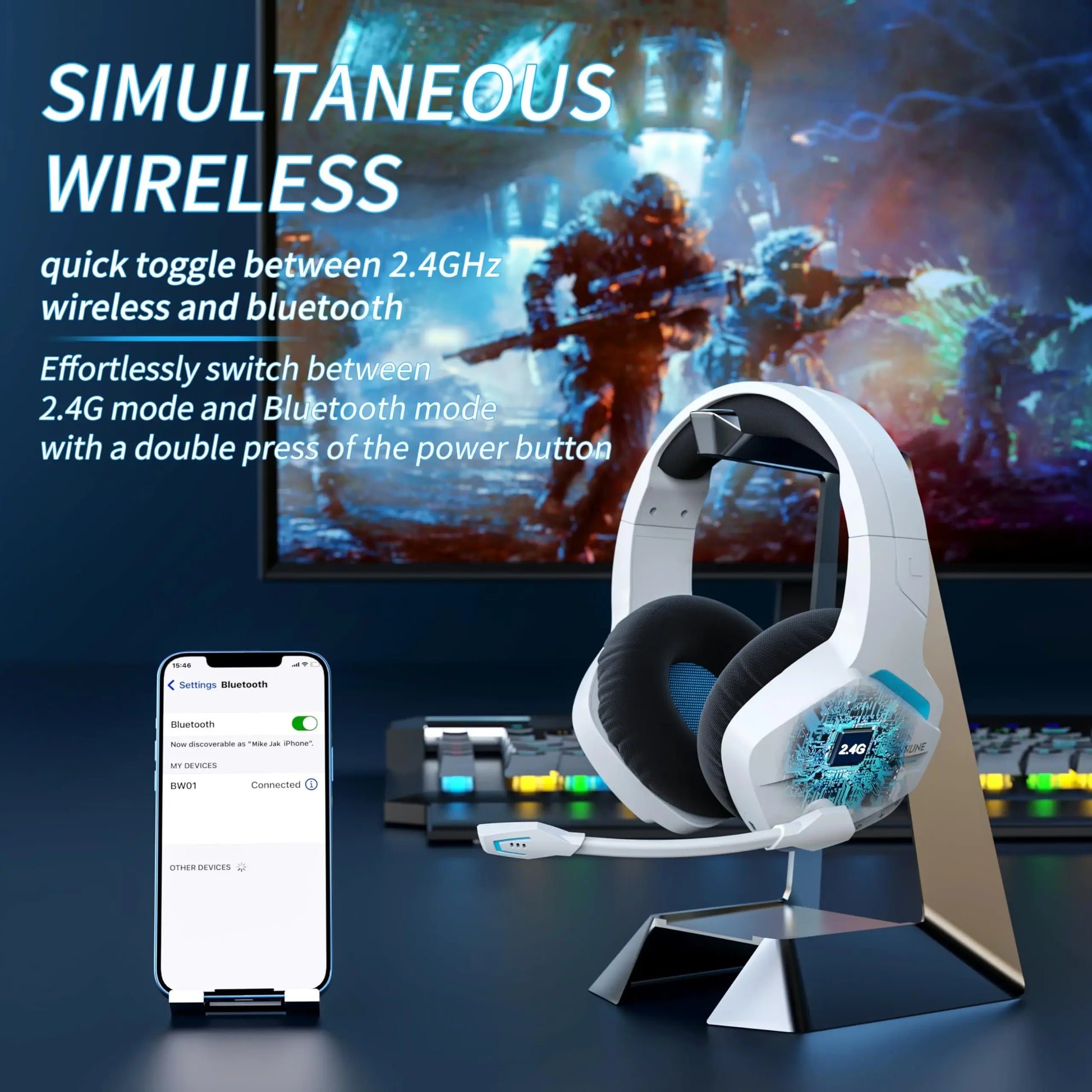 BINNUNE BW01 Wireless Gaming Headset with Mic for PC PS4 PS5 2.4G Bluetooth USB Gamer Headphones with Mic for Laptop Computer S7e8a7dafa34b4f538d4c74fc518f77edT Amrit Store