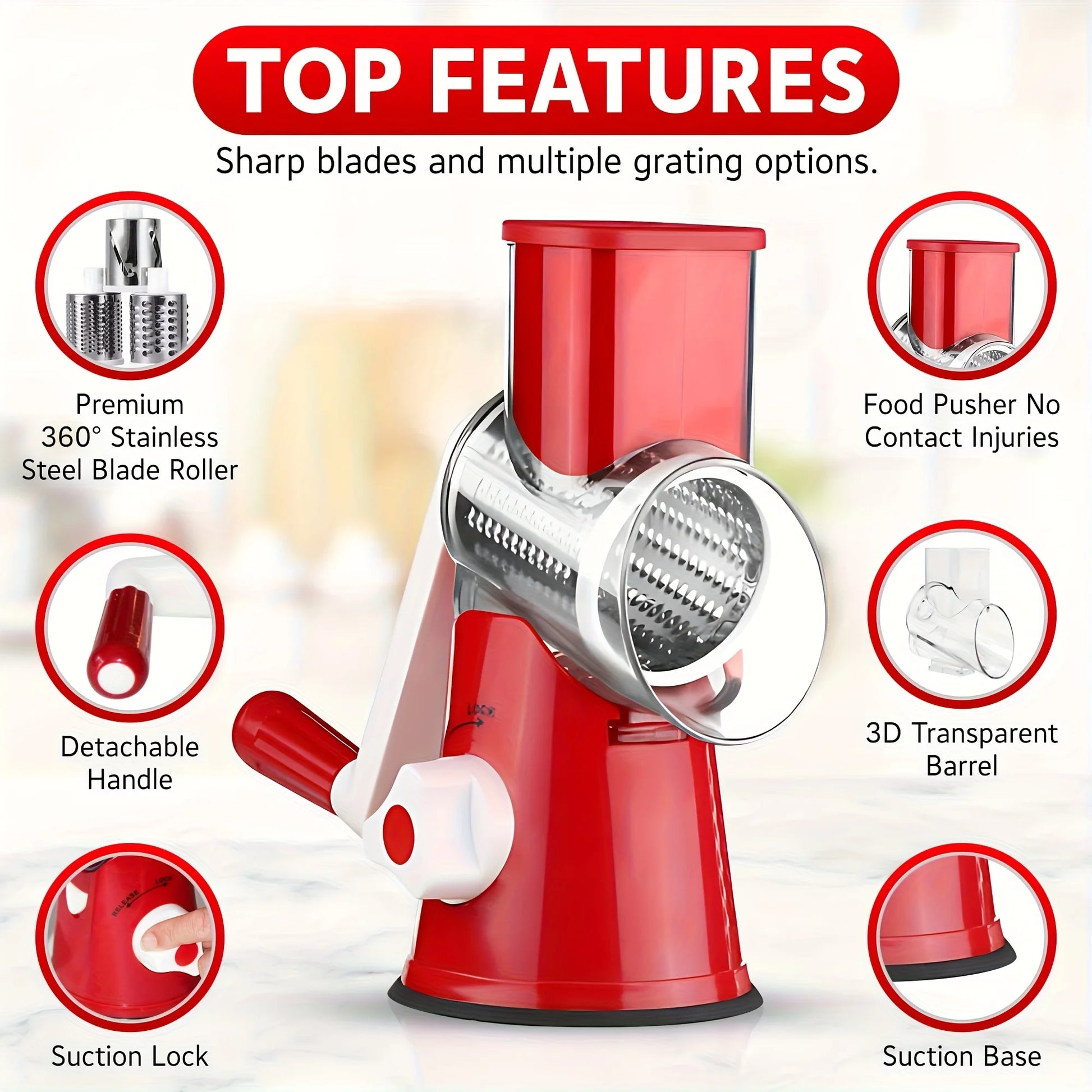 Manual Rotary Vegetable Cheese Grater & Slicer - 3 Interchangeable Drums with Suction Cup Base for Kitchen Food Prep S80b619d032454c2d9fa812c6c2fa4fd3k Amrit Store