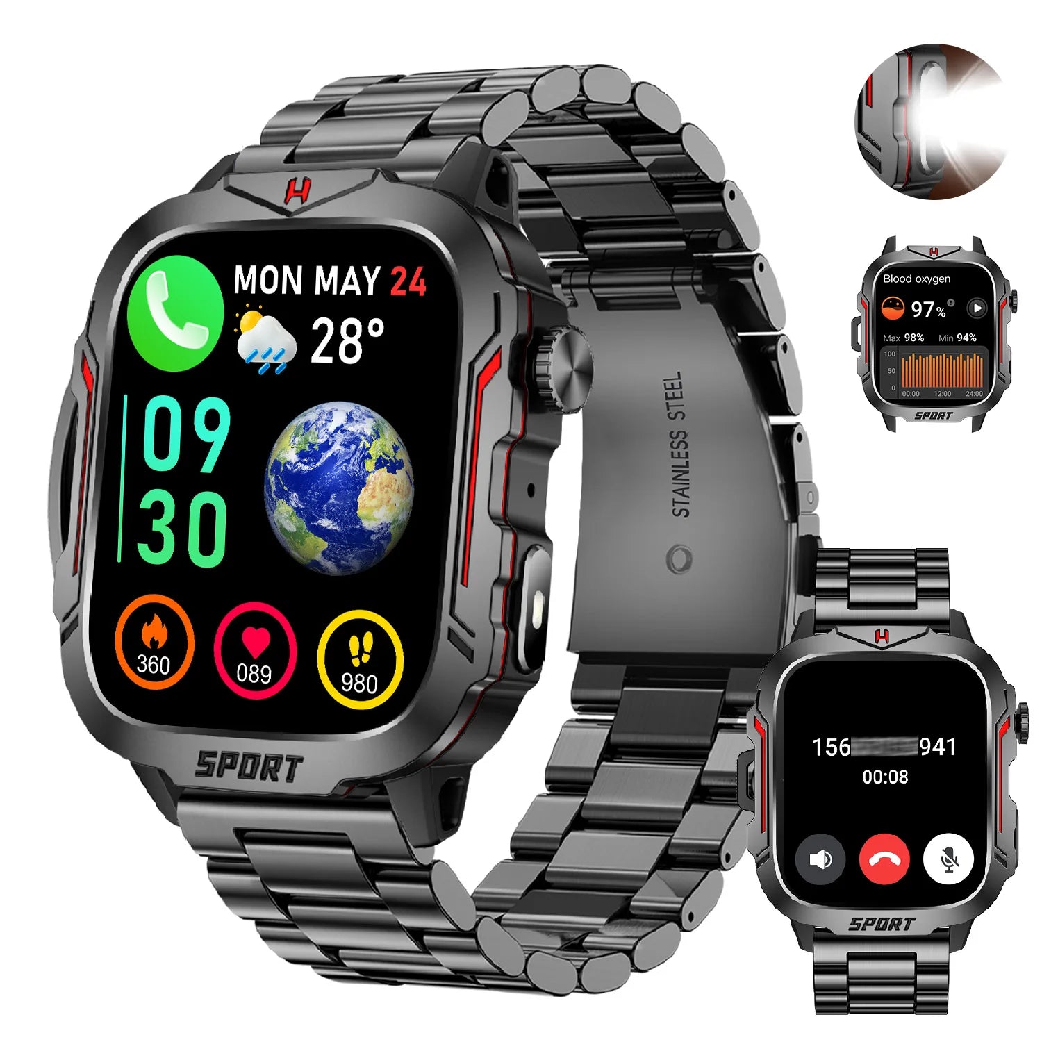 Strong Flashlight Smart Watch for Men/Women, 1.96'' Screen Fitness Tracker with AI Voice Assistant/ Bluetooth Call/ 100+Sports Black Steel S856733e5a1954df99737c4a58678fcb0X Red, White and Blue Products Store