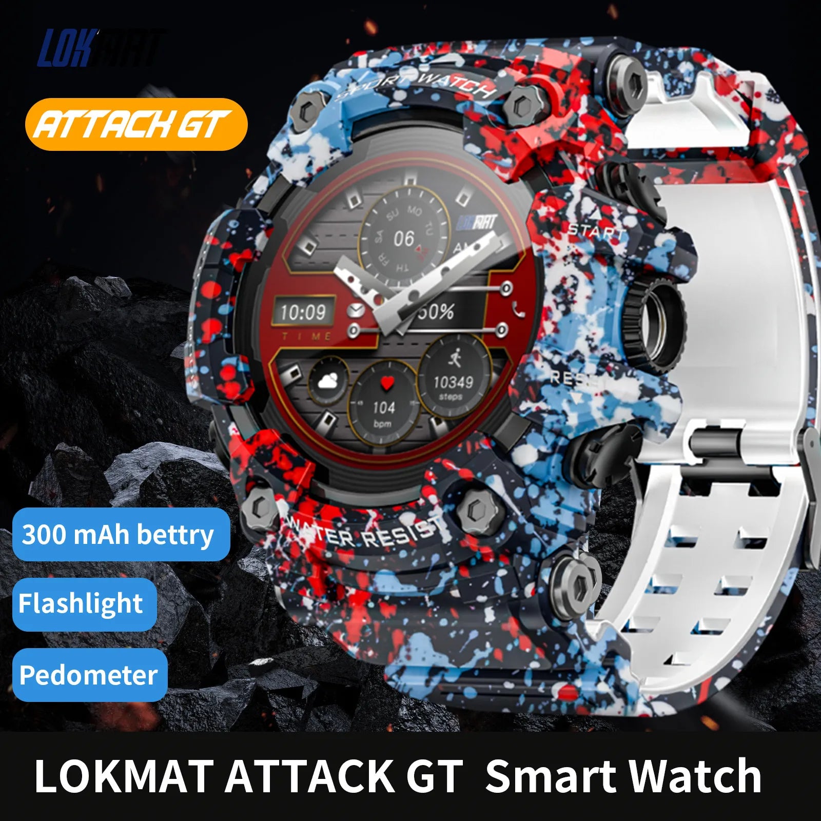 LOKMAT Rugged Sport Smart Watch ATTACK-GT Bluetooth Calls Colorful Waterproof Military Smartwatches with Flashlight for Phone S9547d98edb104537951661450f550107D Red, White and Blue Products Store