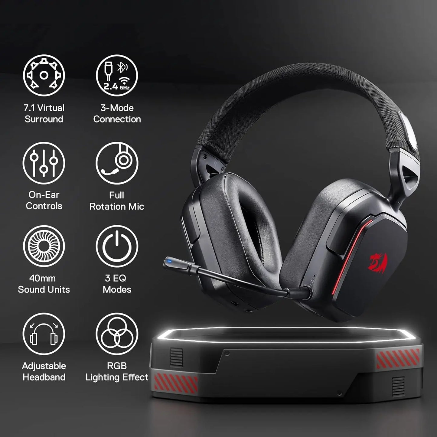 Redragon H868 3-Mode Wireless RGB Gaming Headset 7.1 Surround Sound 40 mm Drivers Noise-canceling Microphone Over-Ear Headphones S972f2645455745e89130af5115a3c7d9W Amrit Store