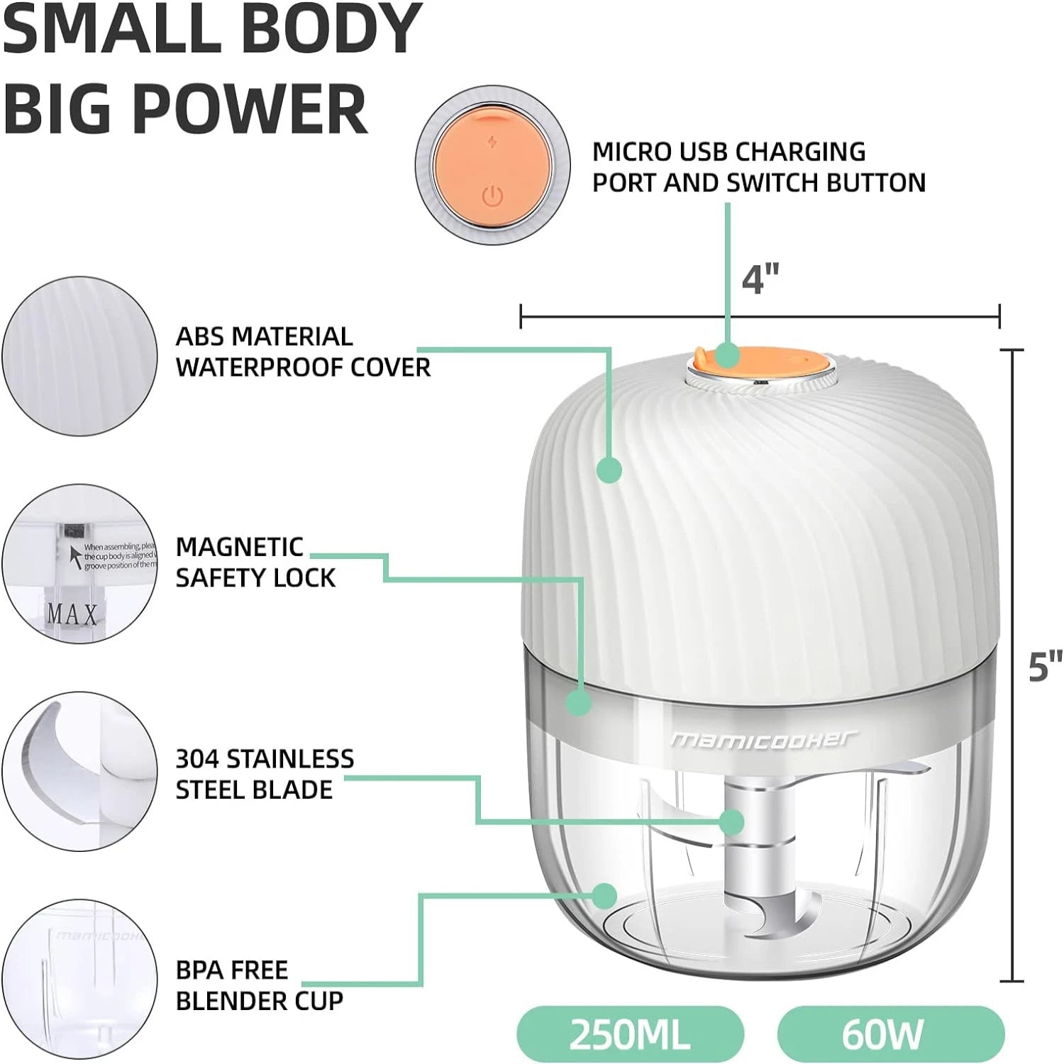 Portable Mini Garlic Chopper, 250ML Onion Masher, Wireless Veggie Grinder, Multifunctional Food Processor for Ginger, Chili,Frui S984d91b012a14fbdae7b06987d8b0825r Amrit Store