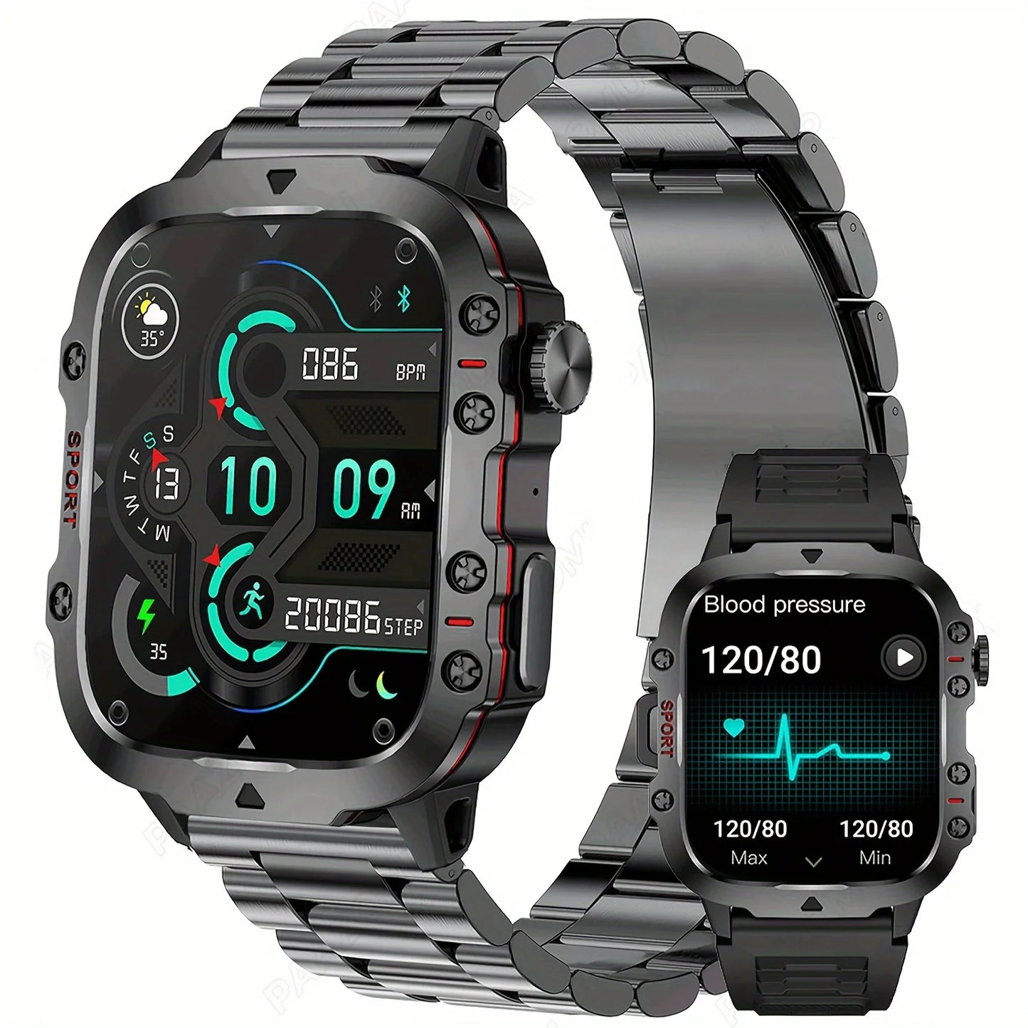 AI Voice Assistant Smart Watch, 1.96'' HD Screen Activity Trackers with 100+Sports/ Bluetooth Call/ SMS Alerts/ Flashlight Black steel Sa2379249e038441c836a3f2f876df659q Red, White and Blue Products Store