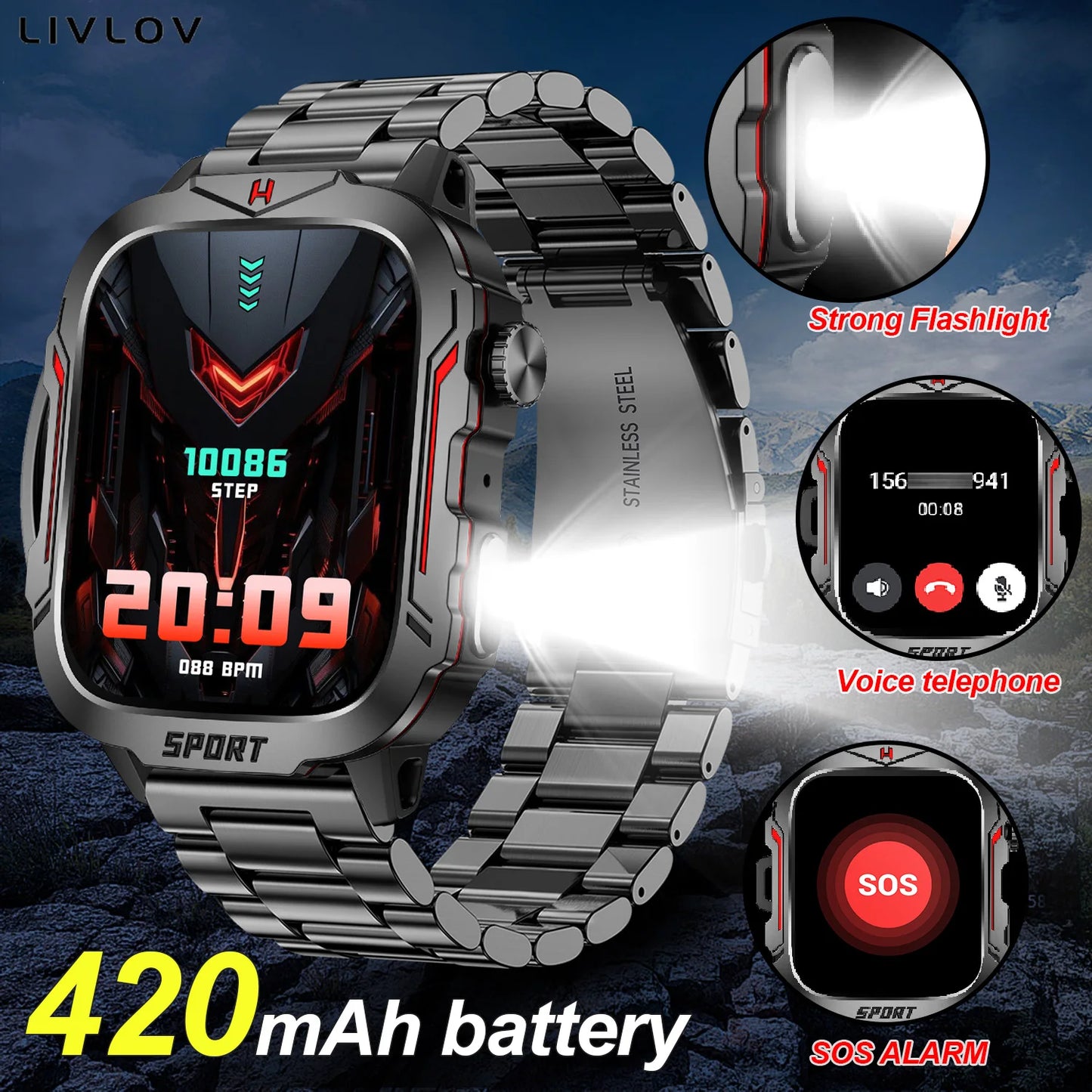 Flashlight Smart Watch for Men/Women, 1.96'' Screen Fitness Tracker with Long Battery Life/ AI Voice Assistant/ Bluetooth Call Sc3d03009082c4fbaaba27578a56b3b1aV Red, White and Blue Products Store