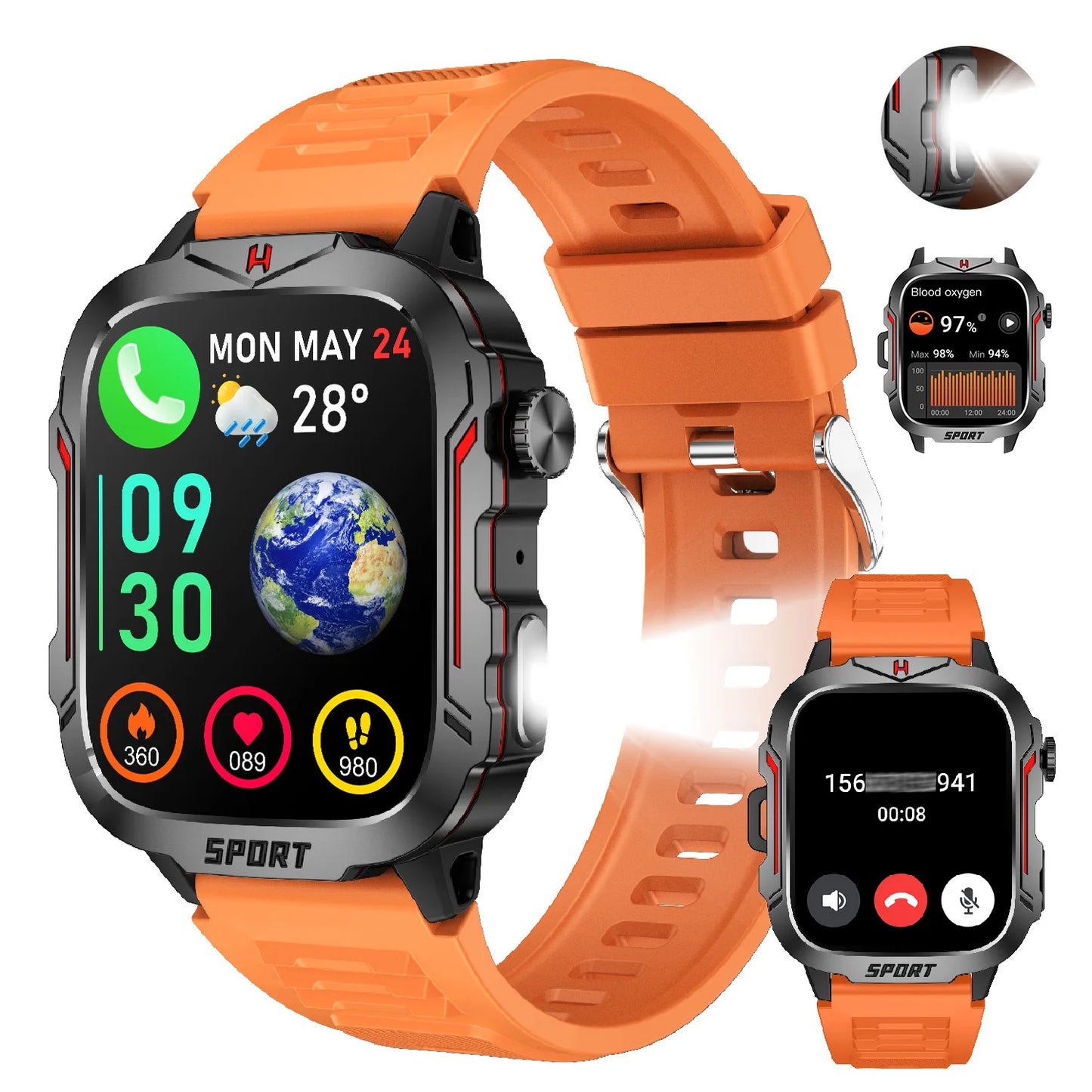 Strong Flashlight Smart Watch for Men/Women, 1.96'' Screen Fitness Tracker with AI Voice Assistant/ Bluetooth Call/ 100+Sports Orange silicone Sc49099b888ef48b09c64151da01c3832h Red, White and Blue Products Store