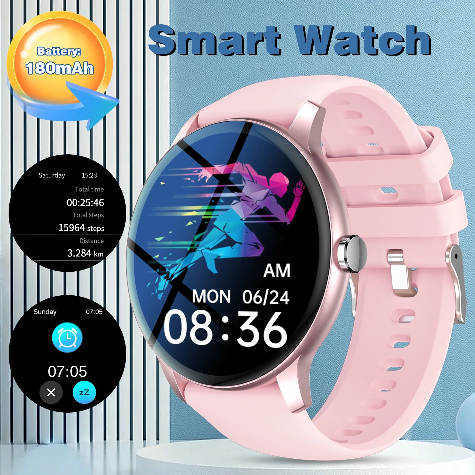 2025 Smart Watch for Men Women Round HD Screen: Long Battery Life (180mAh) Fitness Tracker Step Counter Distance & Alarm Clock United States Pink Scdab85144fc14c07a140bf4531aab68ax Red, White and Blue Products Store