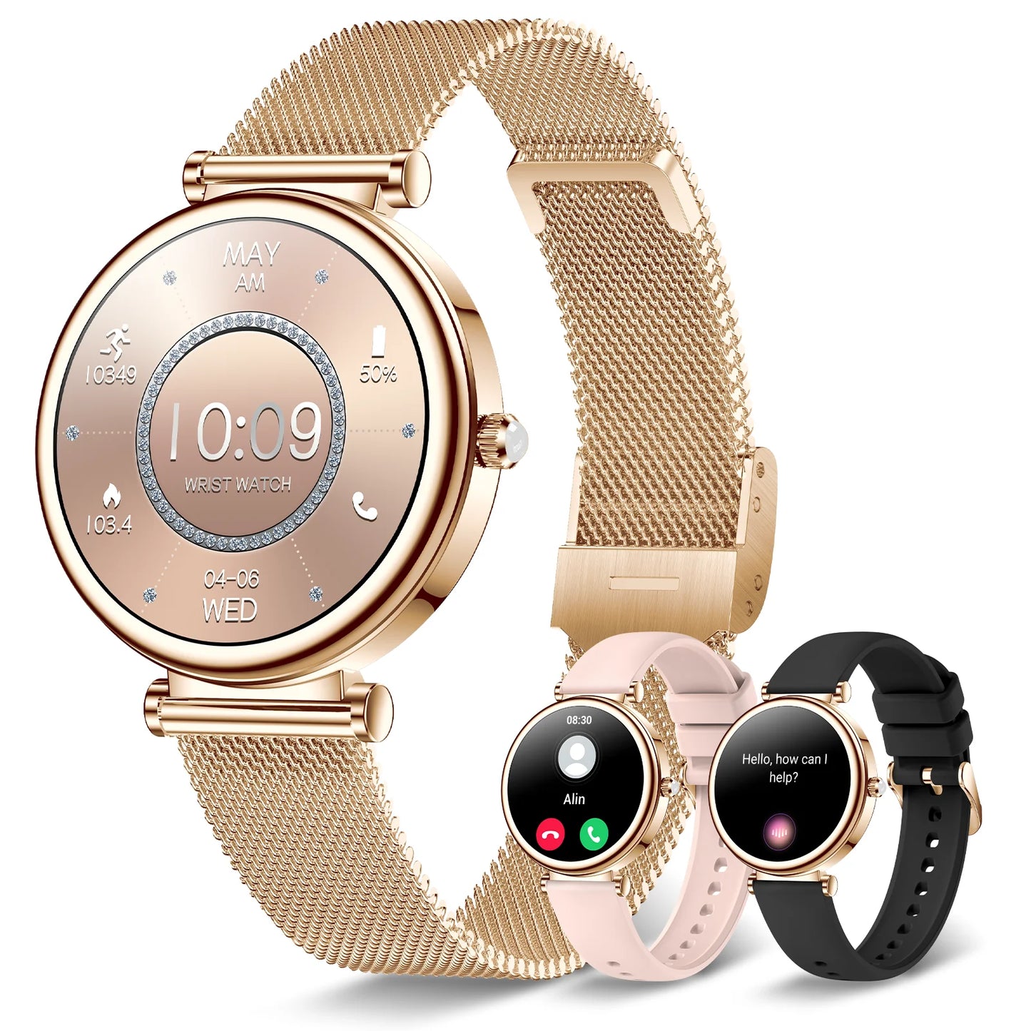 Women's Smart Watch, 1.2-inch (approximately 3.2cm) Fitness Tracker Watch With Wireless Calling And Multiple Sports Modes Golden add 3 straps United States Sdc464b6111464fb1a9cafabcd2997a08M Red, White and Blue Products Store