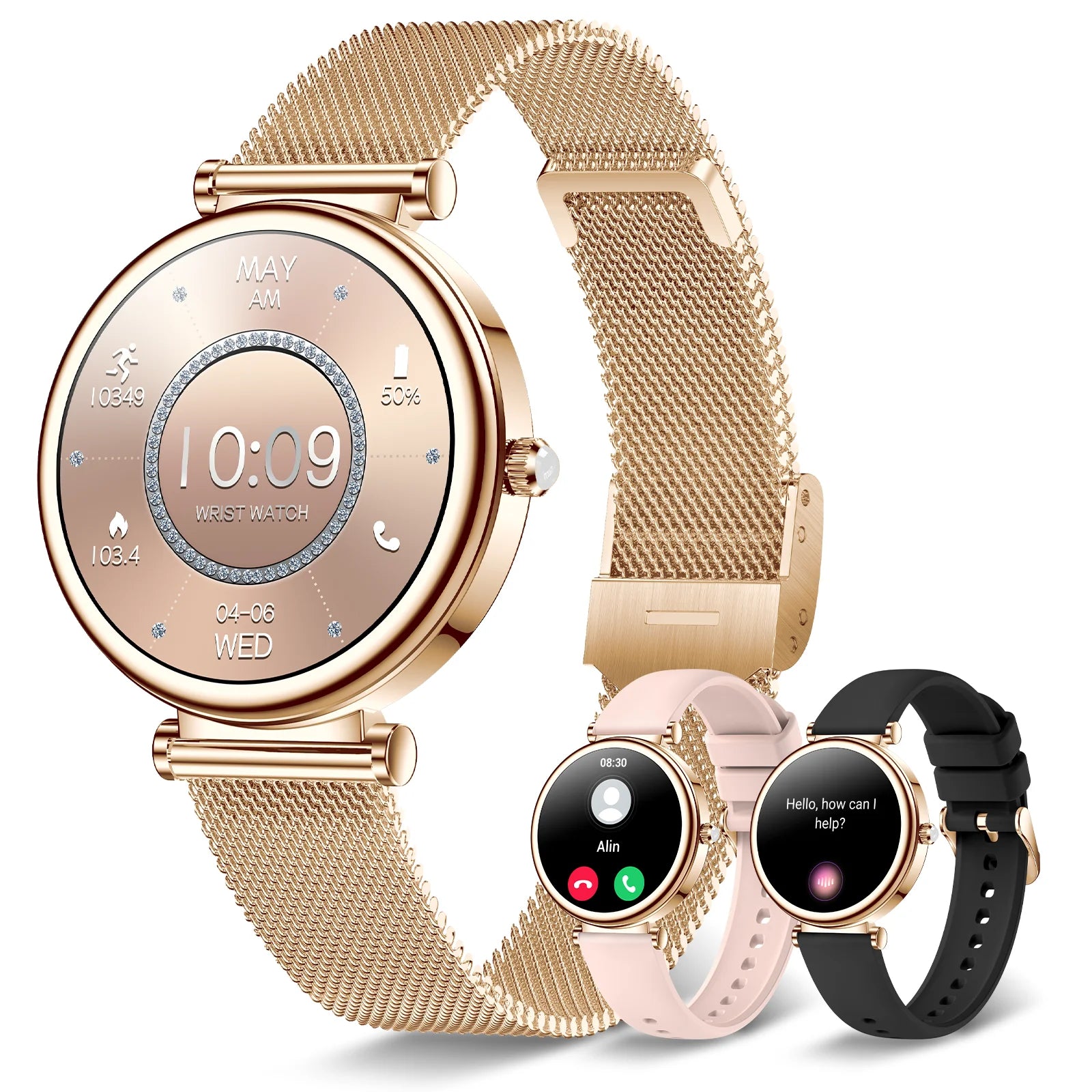 Women's Smart Watch, 1.2-inch (approximately 3.2cm) Fitness Tracker Watch With Wireless Calling And Multiple Sports Modes Golden add 3 straps United States Sdc464b6111464fb1a9cafabcd2997a08M Red, White and Blue Products Store